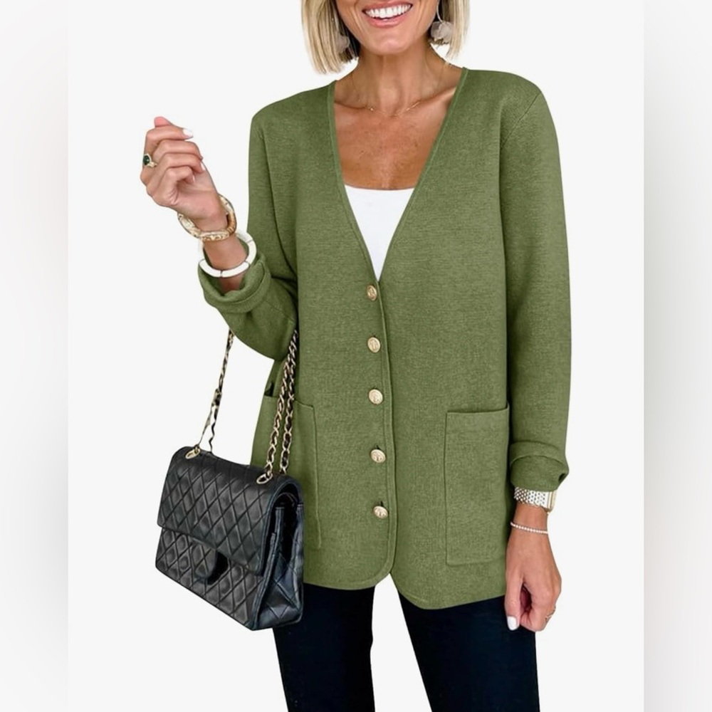NWOT Army Green V-Neck Button Down Elegant Blazer/Cardigan Sweater Size S